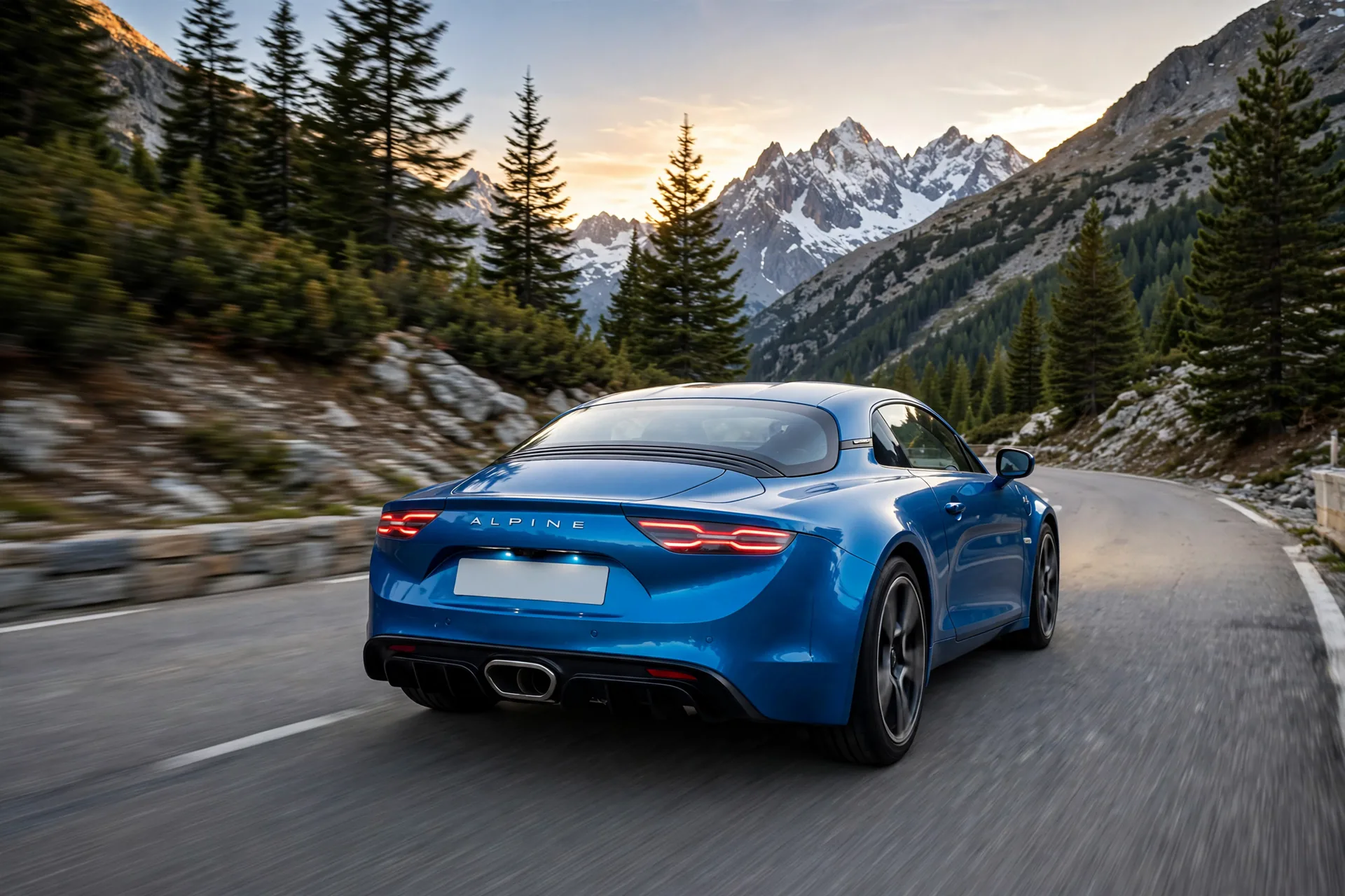 The outgoing petrol Alpine A110 in Alpine Blue on a mountain pass road in the French Alps at golden hour, rear three-quarter view