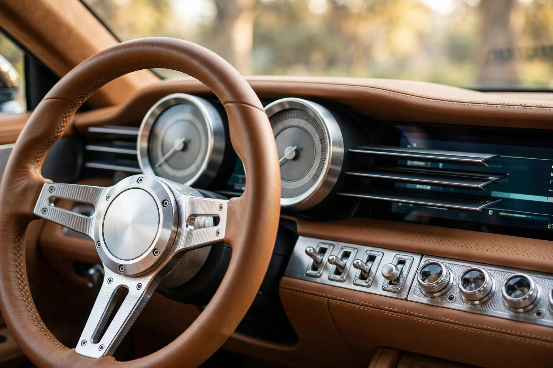 Machined aluminium toggle switches, analog dials and OLED displays in the Ferrari Luce cockpit
