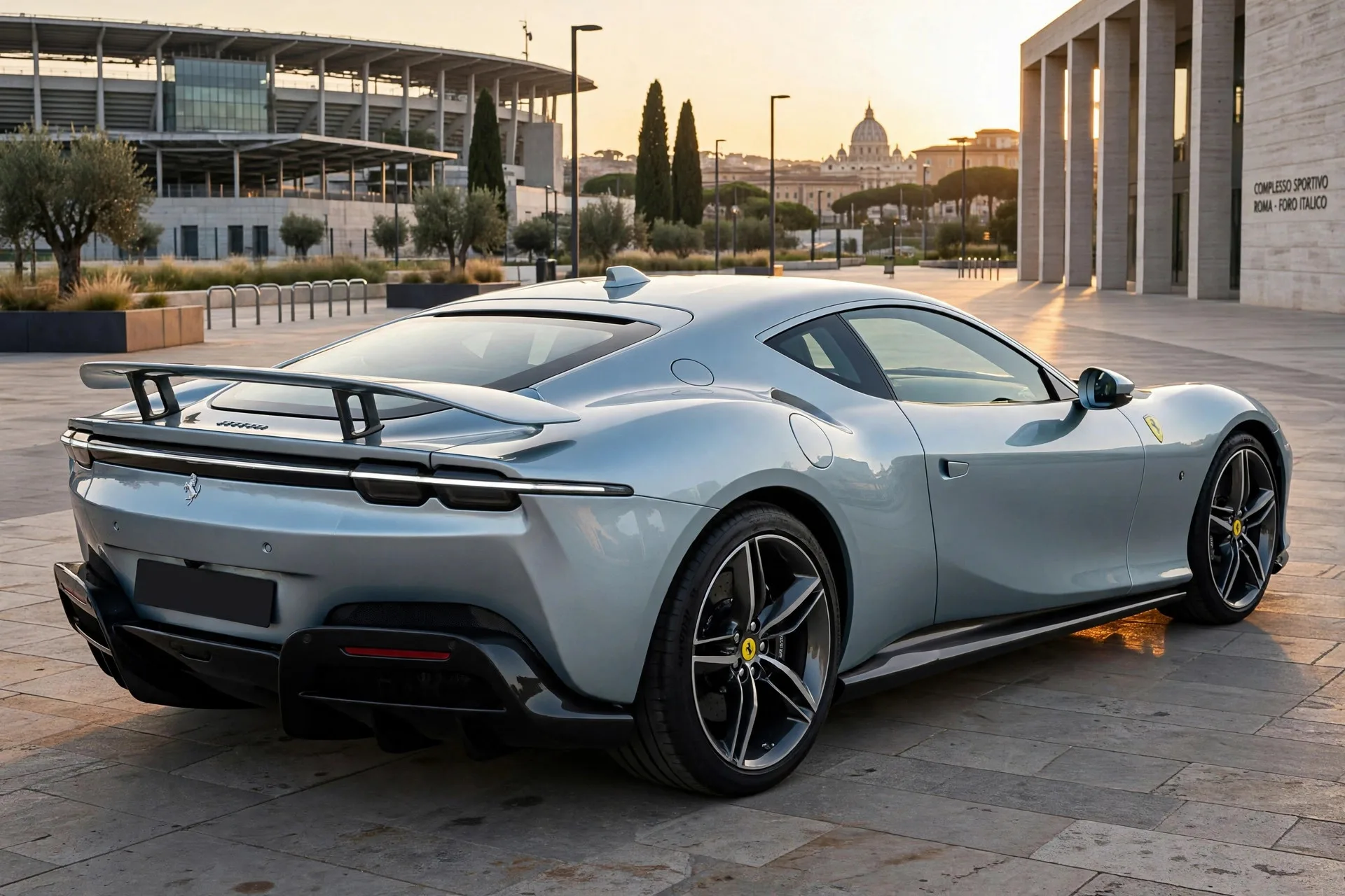 Pale blue Ferrari Luce electric grand tourer with floating rear wing and full glass roof at the Vela di Calatrava sports complex in Rome