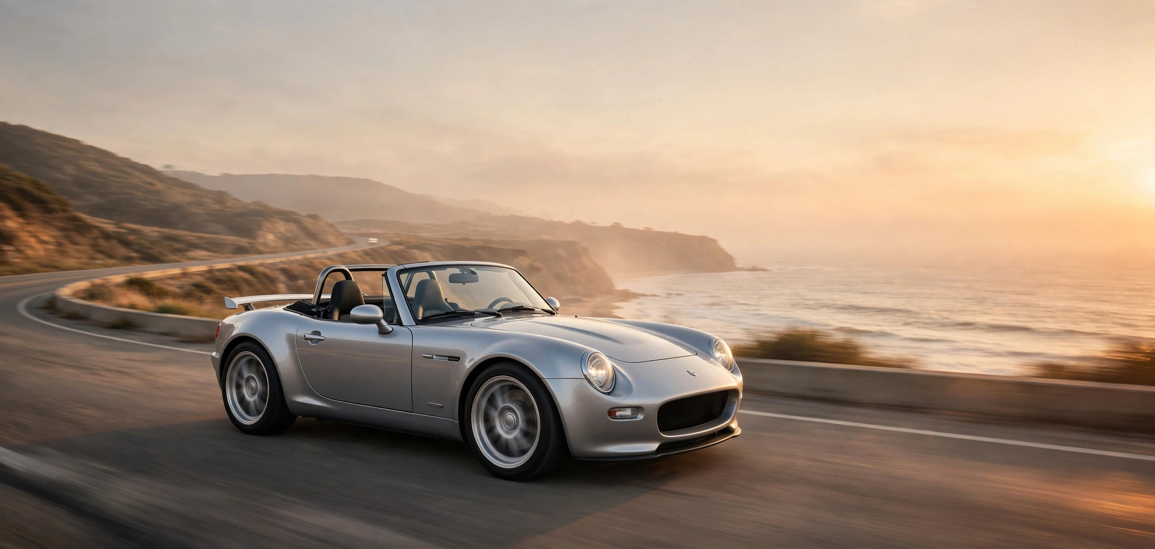 Silver open-top roadster with round headlights on a coastal highway at golden hour