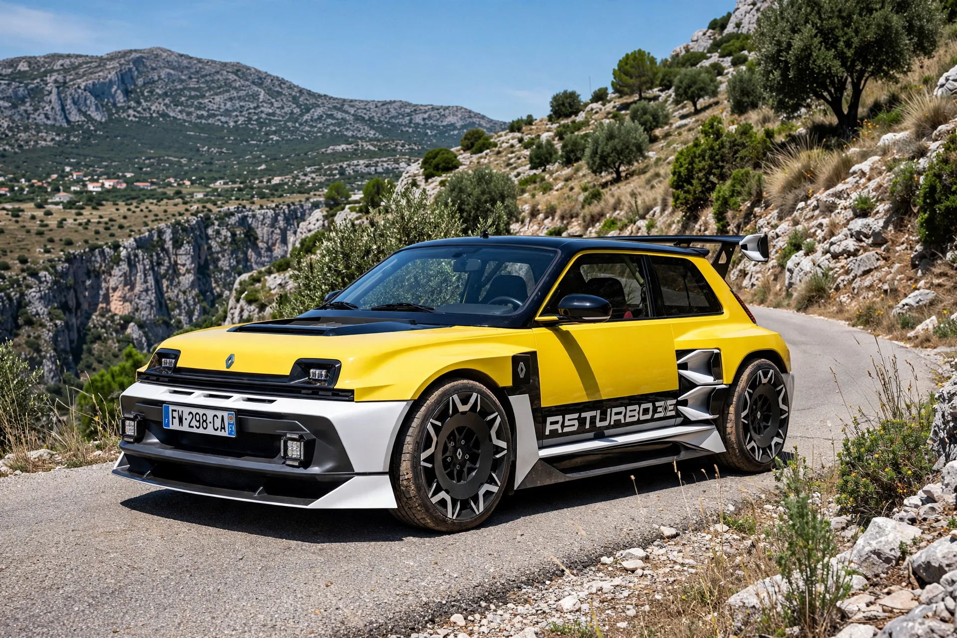 Yellow Renault 5 Turbo 3E electric hot hatch with wide box wheel-arch flares on a mountain road in Corsica on a bright clear day