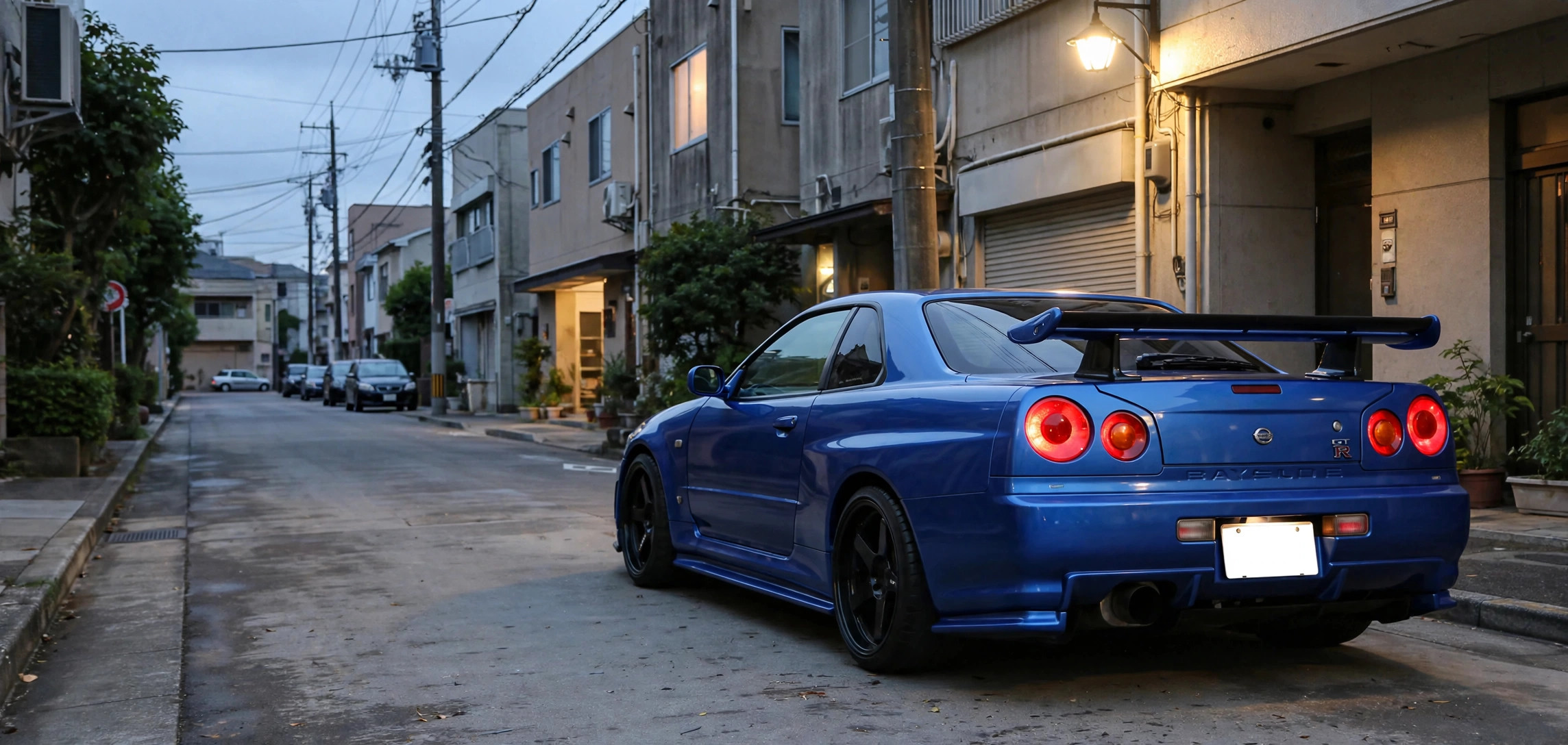 Bayside-blue 1990s Japanese coupe with glowing quad round taillights on a rainy neon Tokyo street
