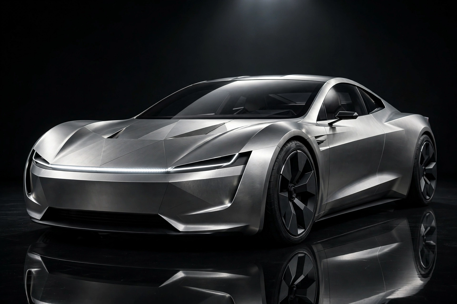 Angular stainless-steel Tesla Roadster coupe with a hard-edged Cybertruck-idiom shape in a dark studio