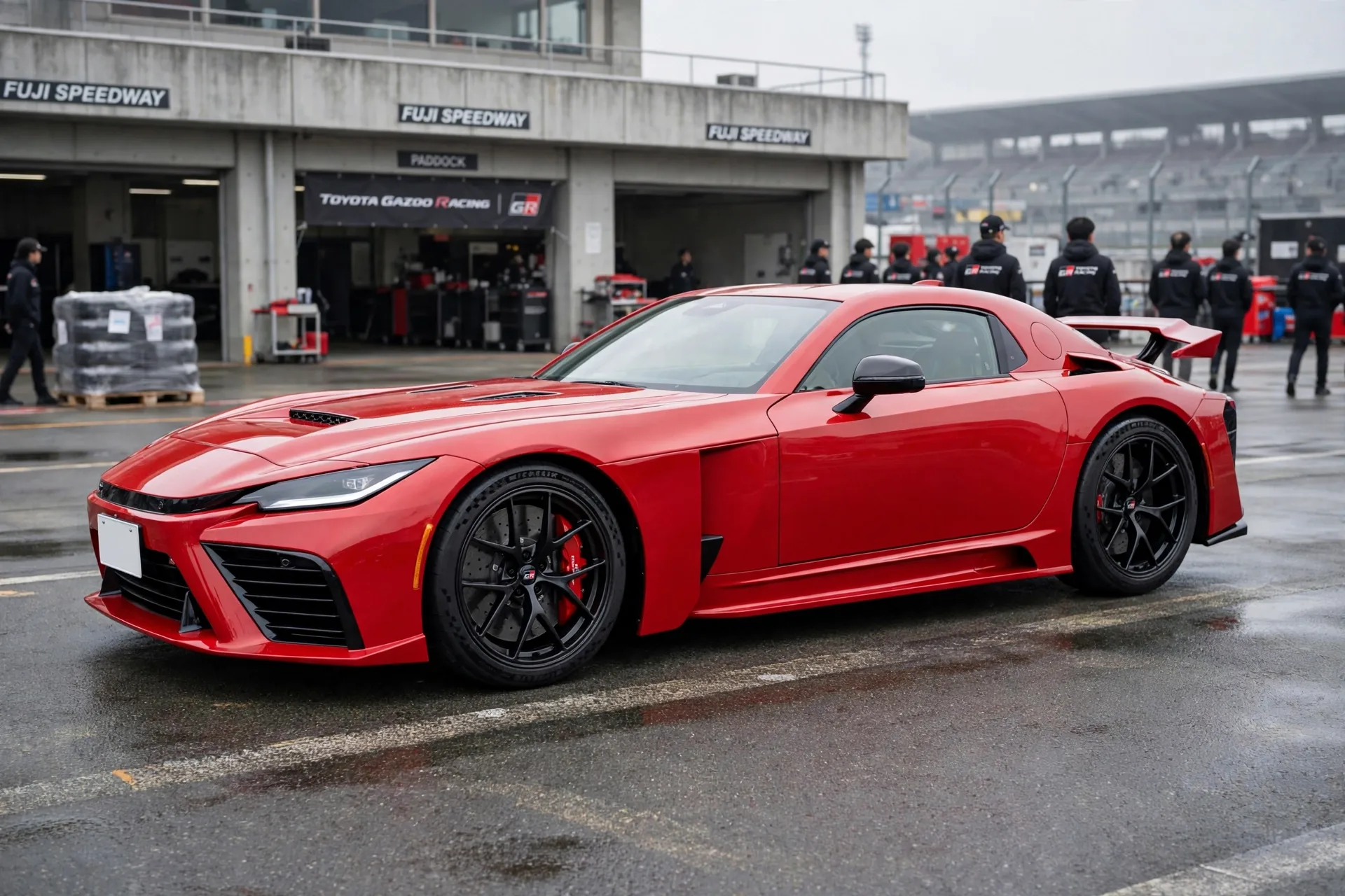 Red Toyota GR GT supercar with ducktail rear spoiler in the Fuji Speedway paddock on an overcast morning